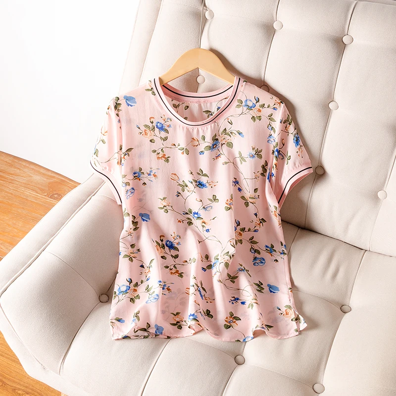 Женская шелковая рубашка, шелк, креп, цветочный принт, футболка с коротким рукавом, Шелковый топ, новинка, летняя футболка