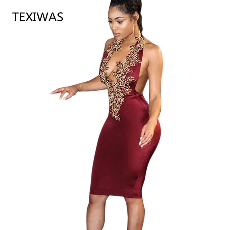 

TEXIWAS New Fashion Lace Embroidery Sexy Halter Dress Hot Women Deep V Neck Backless Dress Female Club Party Split Pencil Dress