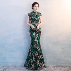 Зеленый цветочный китайский стиль для женщин шоу на сцене Cheongsam элегантный полной длины русалка вечернее платье Винтаж воротник стойка Qipao