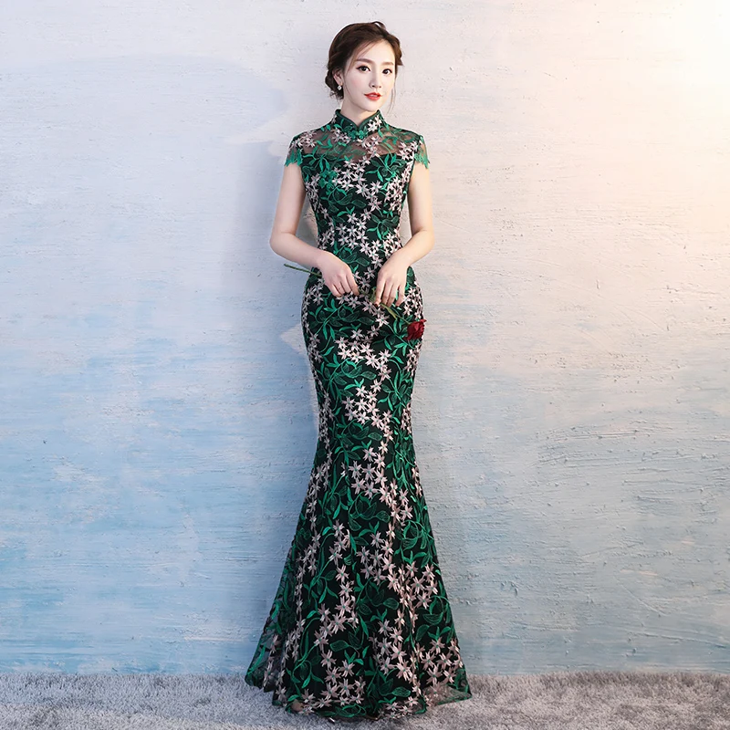 

Green Floral Chinese Style Women Stage Show Cheongsam Elegant Full Length Mermaid Evening Dress Vintage Mandarin Collar Qipao