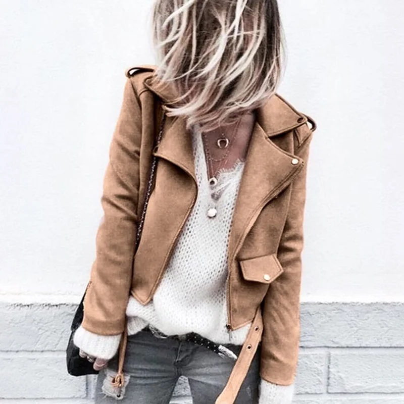 

Plus Size Autumn Women Jacket Moto Biker Coat Turn Down Collar Style Lady Bomber Short Outwear Casacos with Sashes Mujer