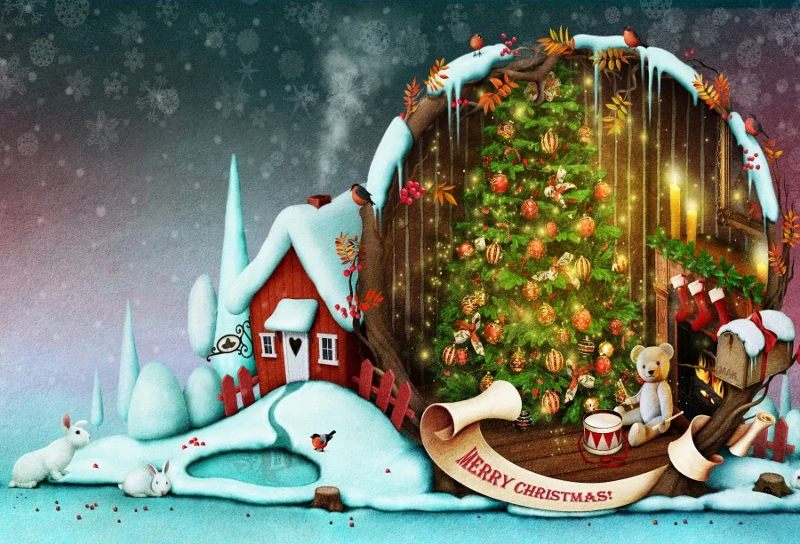 

Laeacco Cartoon Christmas Tree House Snow Rabbit Baby Photography Backgrounds Customized Photographic Backdrops For Photo Studio