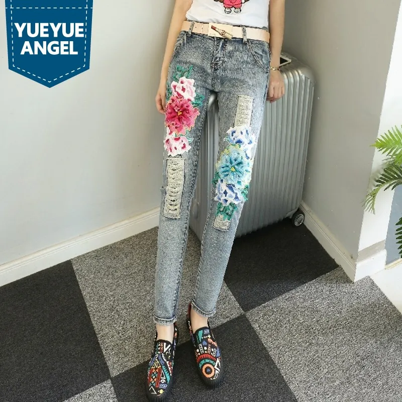 Folk Style Chic Flower Embellished Denim Pants Costume For Women Ripped