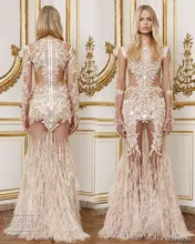Luxury Long sleeves Abendkleider Mit Federn sheer perlen perlen prom kleider abendkleid vestido de festa