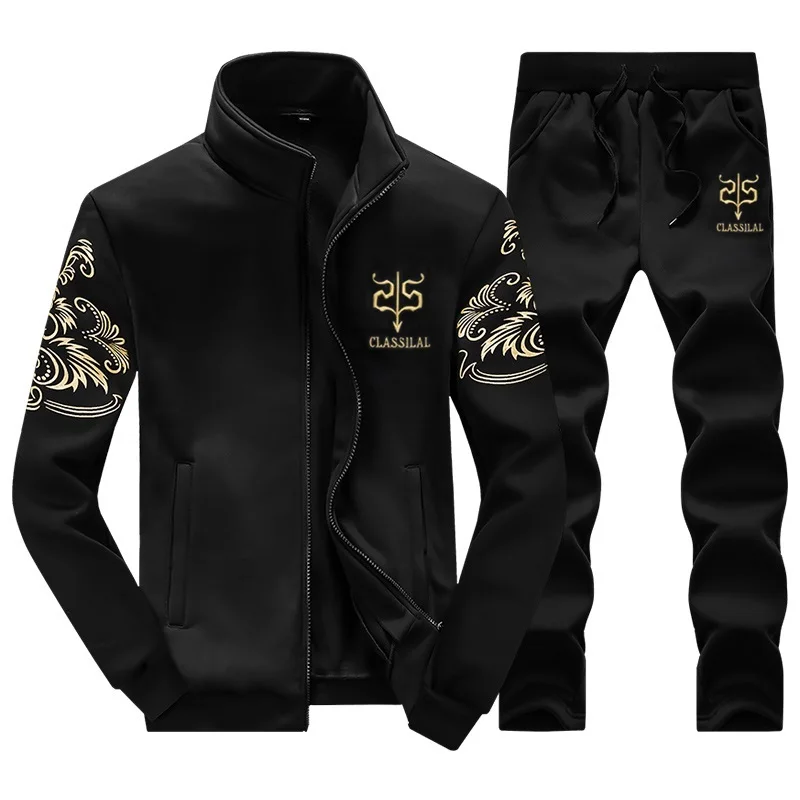 Мужские комплекты с принтом, повседневные пальто, Осень-зима, толстовка+ штаны с завязками, мужская спортивная куртка на молнии - Цвет: D38 black