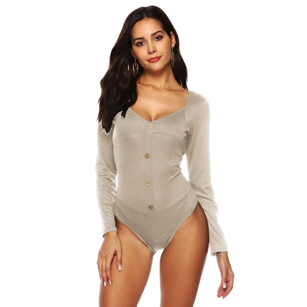 

7 Colors Women Autumn Winter Skinny Bodysuits Long Sleeve Backless Sexy Streetwear Fashion Solid Buttons Femme V Neck S-XXL