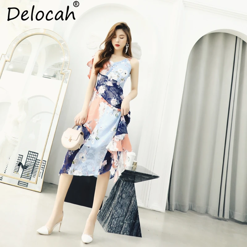 Delocah New Summer Women Dress Runway Fashion Designer Slim V-Neck Spaghetti Strap Ruffles Bow Tie Off shoulder Vintage Dresses