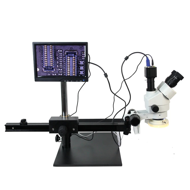 

7X~45X trinocular Stereo Zoom Microscope Working in wide and high Distance for PCB Inspection Microscope +8 inch monitor