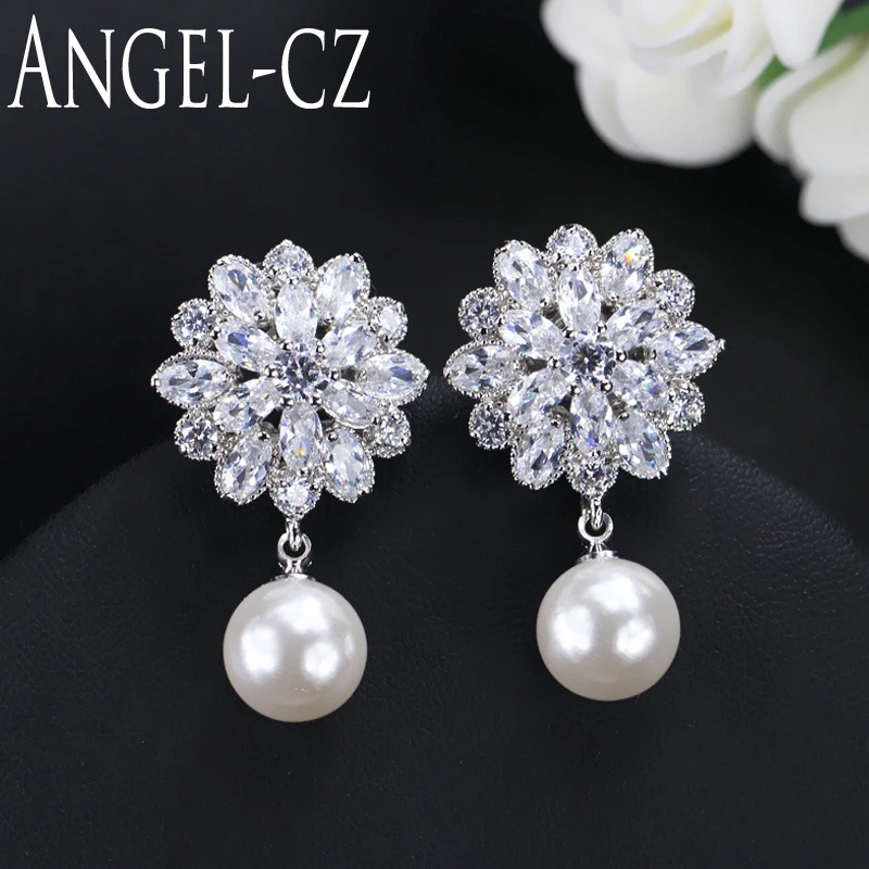 

ANGELCZ Famous Brand Snowflake Pave Luxury Cubic Zirconia Jewelry White Gold Color Pearl Hanging Earrings For Ladies AE003