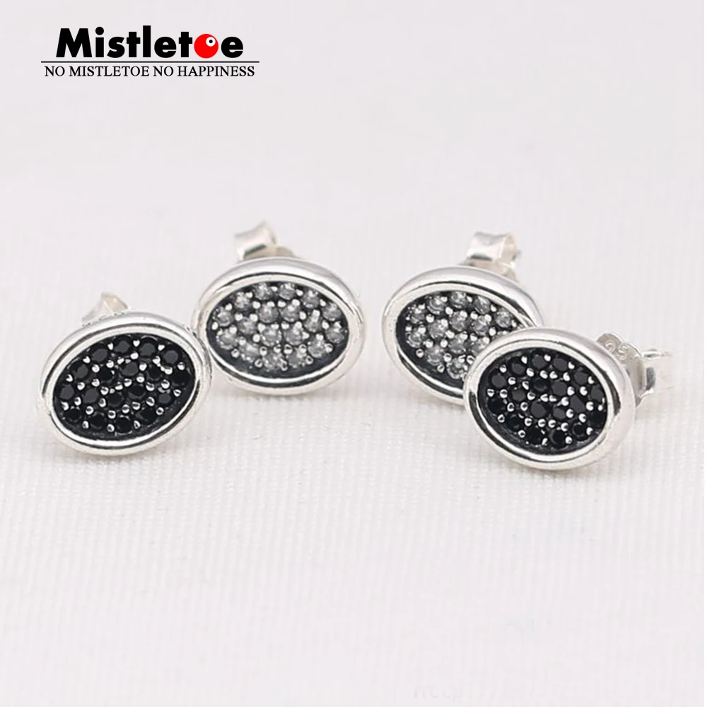 

Authentic 925 Sterling Silver Oval Black & Clear CZ Stud Earring Compatible with European Jewelry