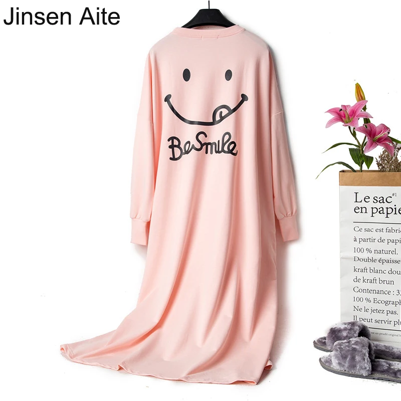 

Jinsen Aite Women Night Dress Lovely Cartoon Spring Nightgown Long-sleeve Cotton Loose Large Size Sleepshirt Home Clothes JS776