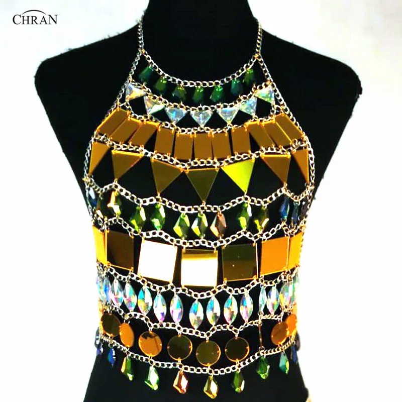 Chran Mirror Perspex EDC Outfit Irridescent Disco Necklace font b Sexy b font Rave Bra Costume