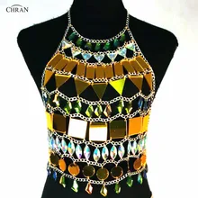 Chran Mirror Perspex EDC Outfit Irridescent Disco Necklace Sexy Rave Bra Costume Body wear Chain Crop Tops Party Jewelry CRM842