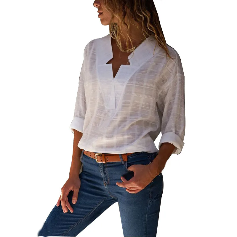 

2019 Spring Summer Long Sleeve Cotton Casual White Shirt Women V-neck Slim Sexy Black Blouse Fashion Tops and Blouses