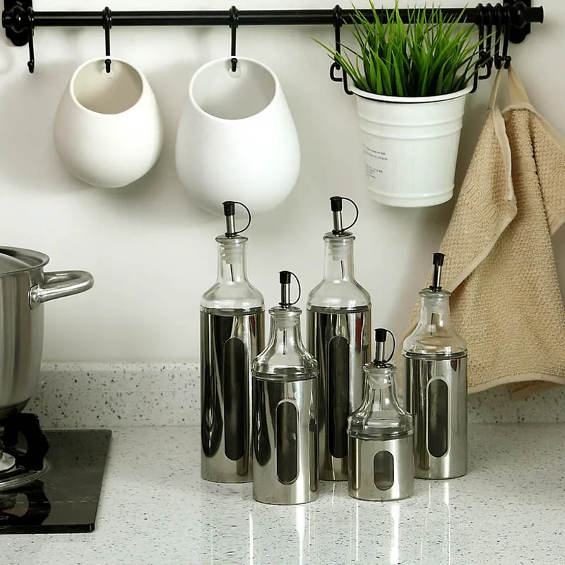 IKEA style glass stainless steel round hole cruet of oil and vinegar bottles kitchen oiler three