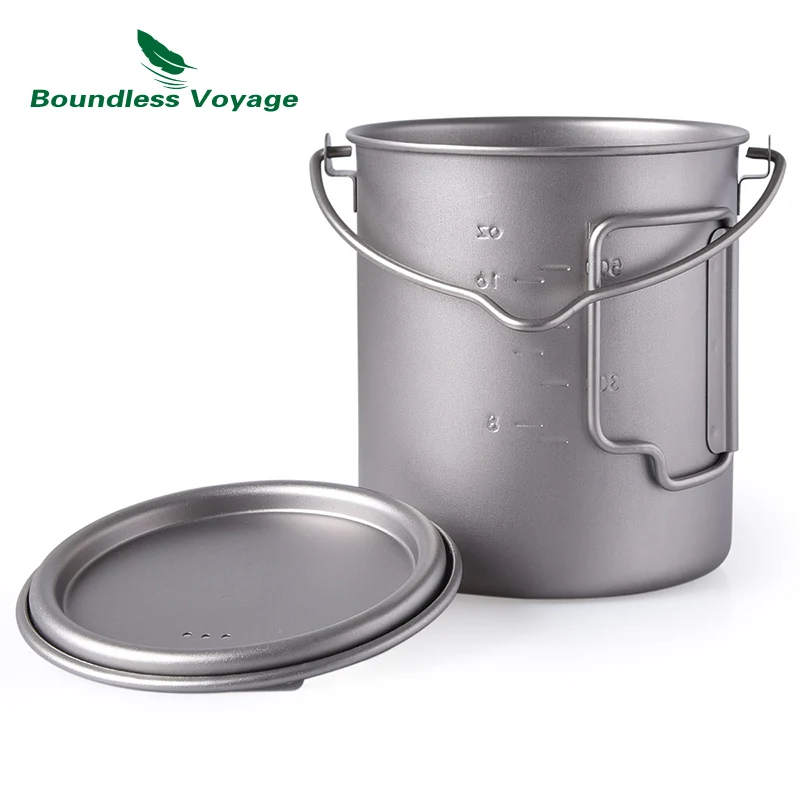Boundess Voyage 750ml Titanium Hanging Pot with Lid Folding Handle Outdoor Camping Drinking Cup with Spork Picnic Cookware