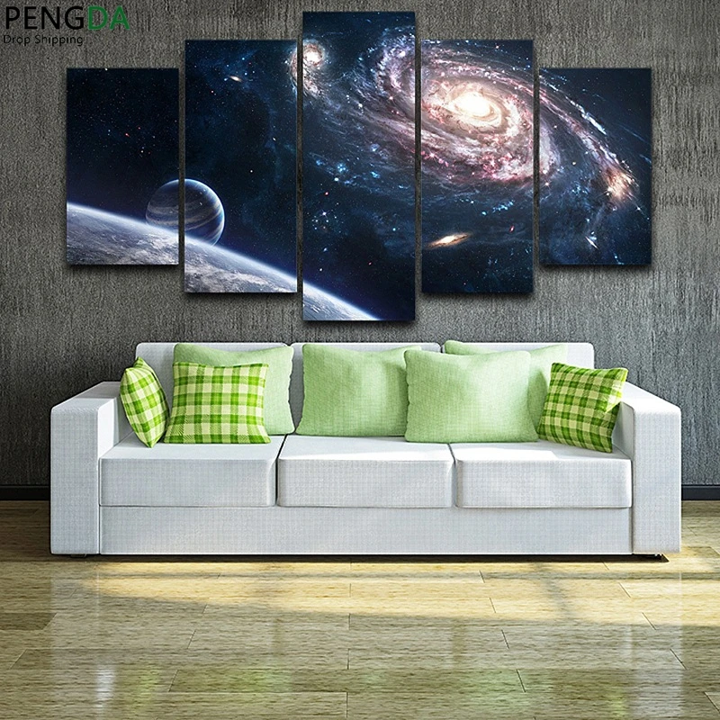 Modern Wall Art Painting HD Printed On Canvas Home Decor Pictures 5 Panel Frame Outer Space Planet Landscape Photo Poster 