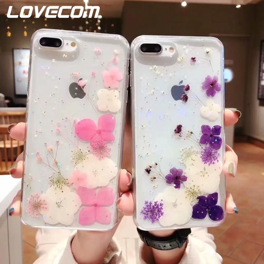 

LOVECOM Dried Real Flowers Handmade Transparent Case For iPhone XS Max XR X 6 6S 7 8 Plus Soft Epoxy Phone Back Cover Conque Gi