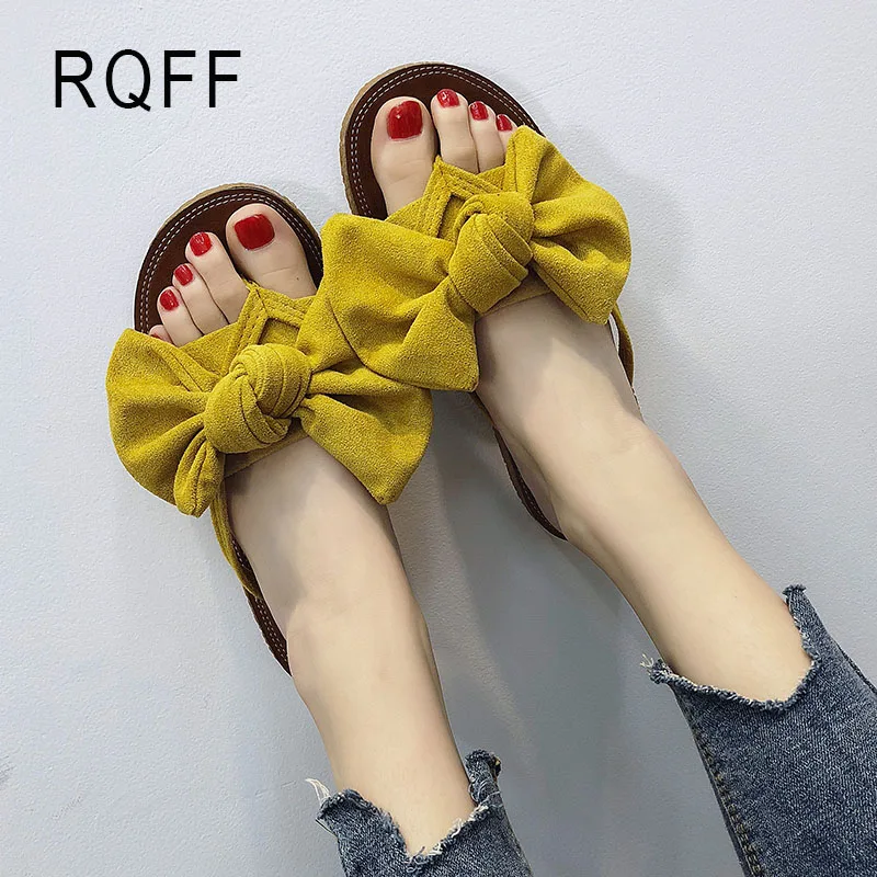 

RQFF Summer Women Shoes Slides 2019 Fashion Bow Flat Toe Slippers