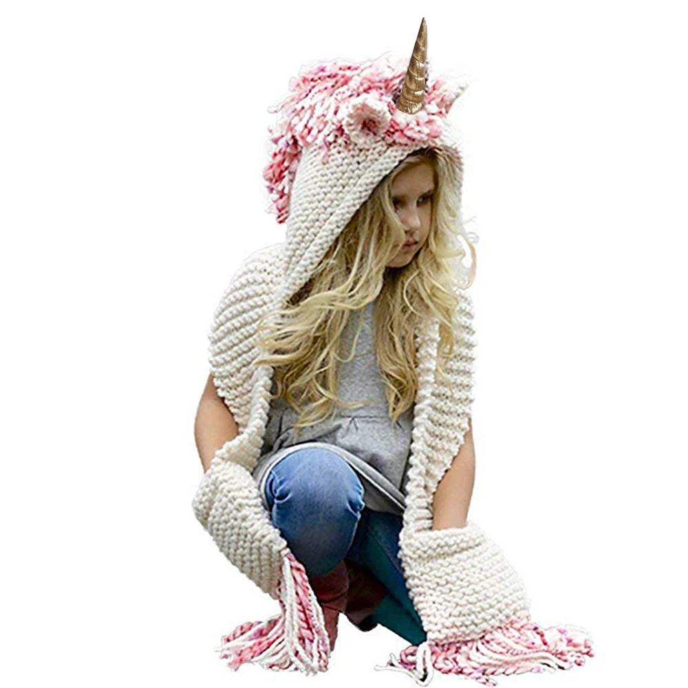 Fashion 3-10 Years Girls Unicorn Scarf Handmade Kid Winter Hat Wrap Caps Cute Autumn Warm Children Wool Knitted Scarves |
