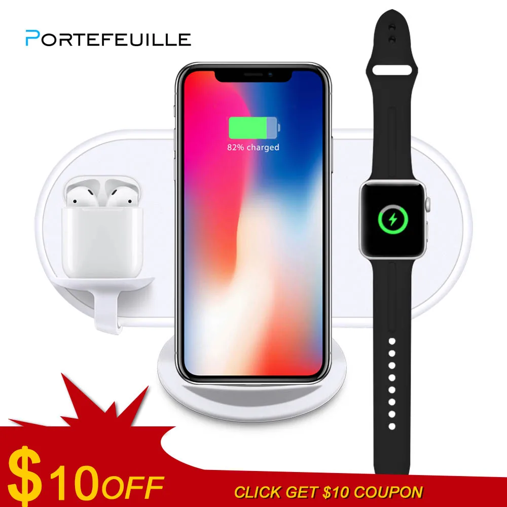 

Portefeuille 3 in 1 10W 7.5W 5W 2.5W QI Wireless Fast Charger For iPhone X 8 Plus Samsung Apple Watch Charger Holder For Airpods