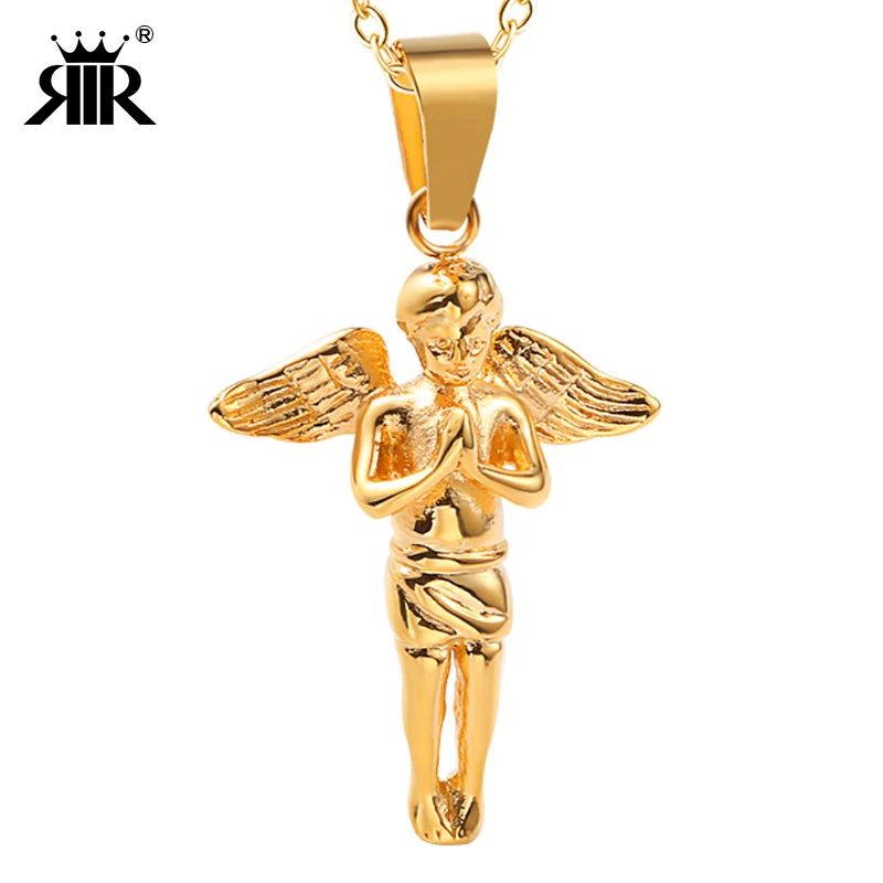

RIR Stainless Steel Bird Feather Necklace for mens women Little Angel Pendant Chain Necklaces Pendant Hip Hop Fashion Jewelry