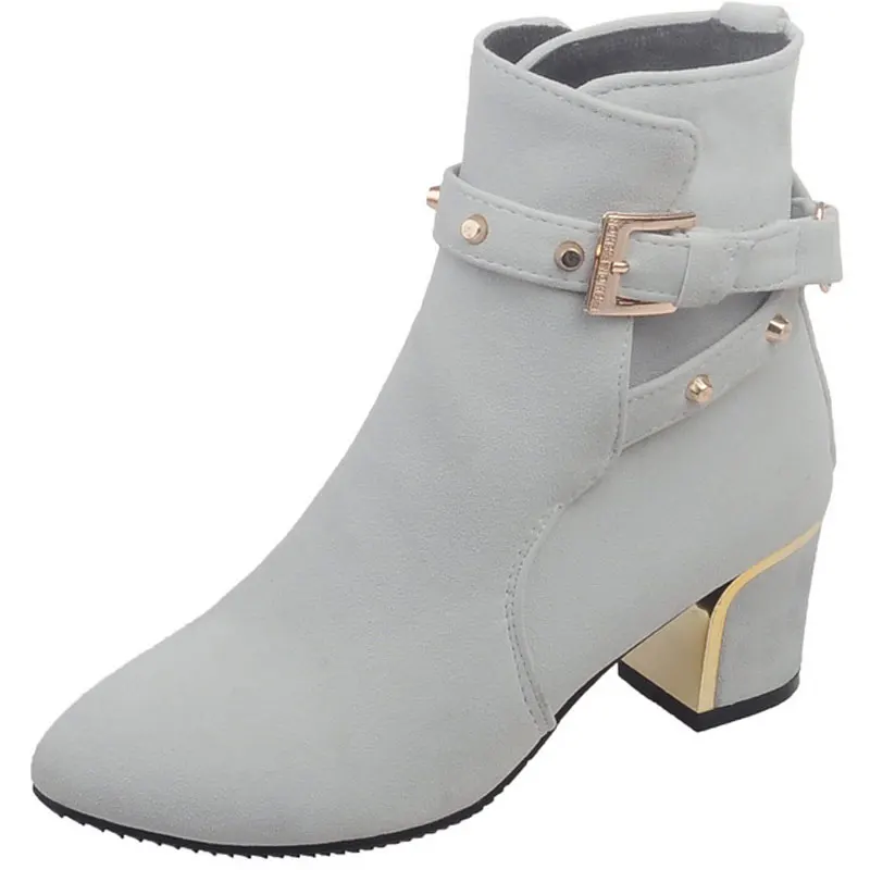 

2016 Europe winter Nubuck leather Metal belt buckle Pointed Toe Thick med  Square Heel  Ankle boots size 32-43 T2034