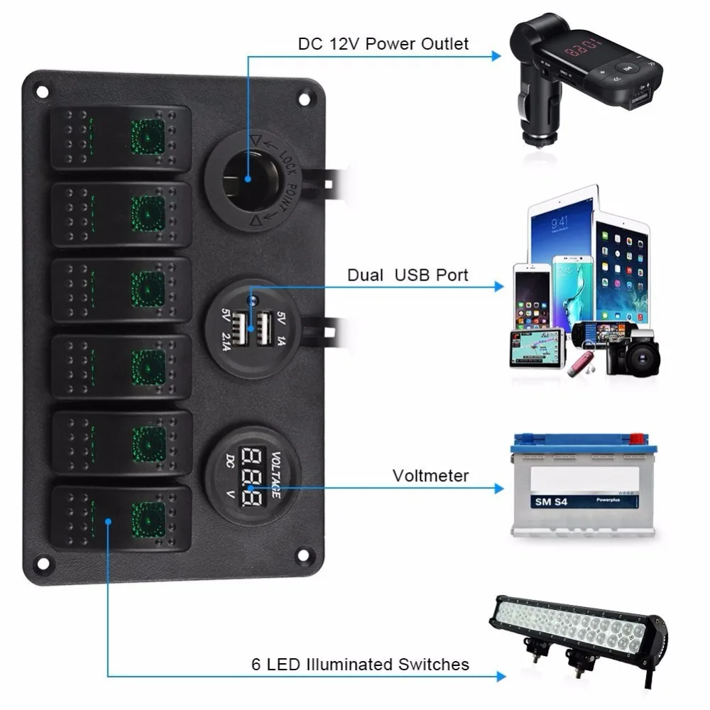 6 банд Рокер ВКЛ/выкл переключатель панель+ Цифровой вольтметр 3.1A двойной USB зарядное устройство Прикуриватель разъем для RV Автомобиля Морской(зеленый