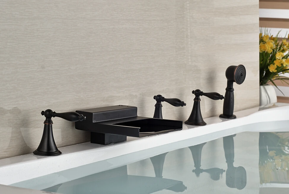 Oil Rubbed Bronze Deck Mounted Waterfall Bathroom Tub Faucet With Hand