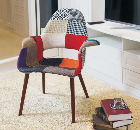 

Patchwork fabric Upholstered Fabric Soft Cover Chair Wood leg And Plastic Patchwork Soft lounge leisure Chair living room chair