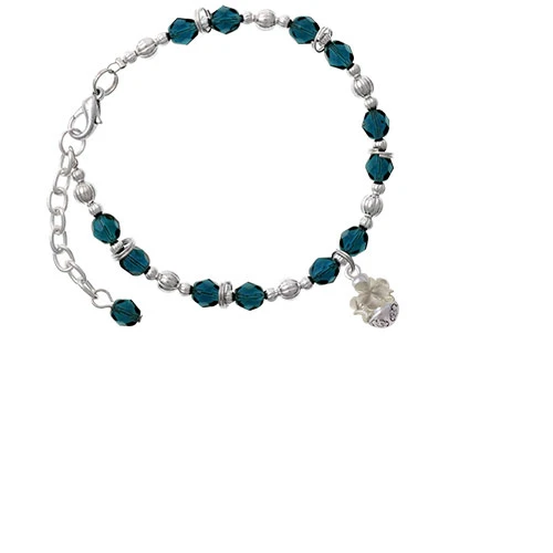 Silvertone White Plumeria Flowers Spinner Navy Blue Beaded Bracelet