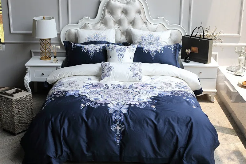 

100S Egyptian cotton Luxury Embroidery Bedding Set White Blue Duvet Cover Bed Linen Bed sheet Pillowcases King Queen size 4/7pcs