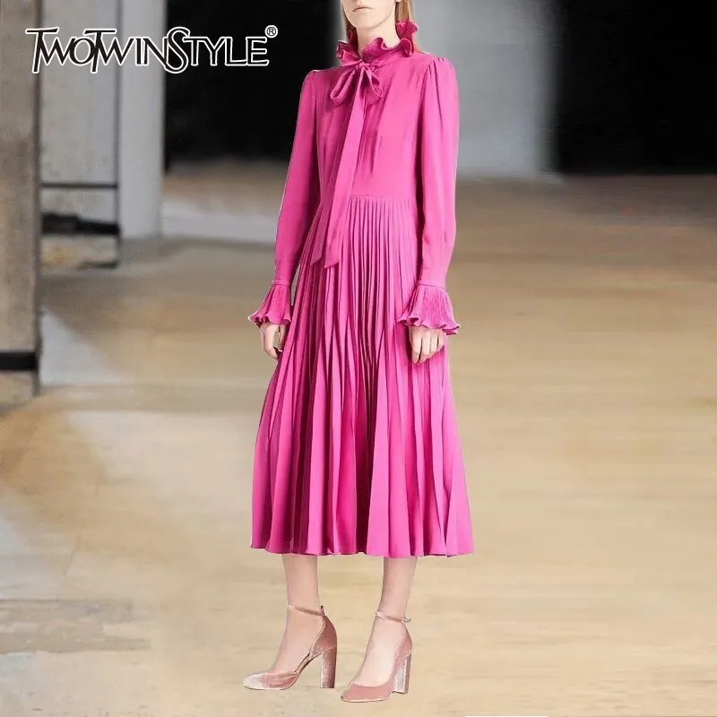 

TWOTWINSTYLE Vintage Solid Dress For Women Stand Collar Flare Sleeve High Waist Bowknot Midi Pleated Dresses Female Fashion 2019
