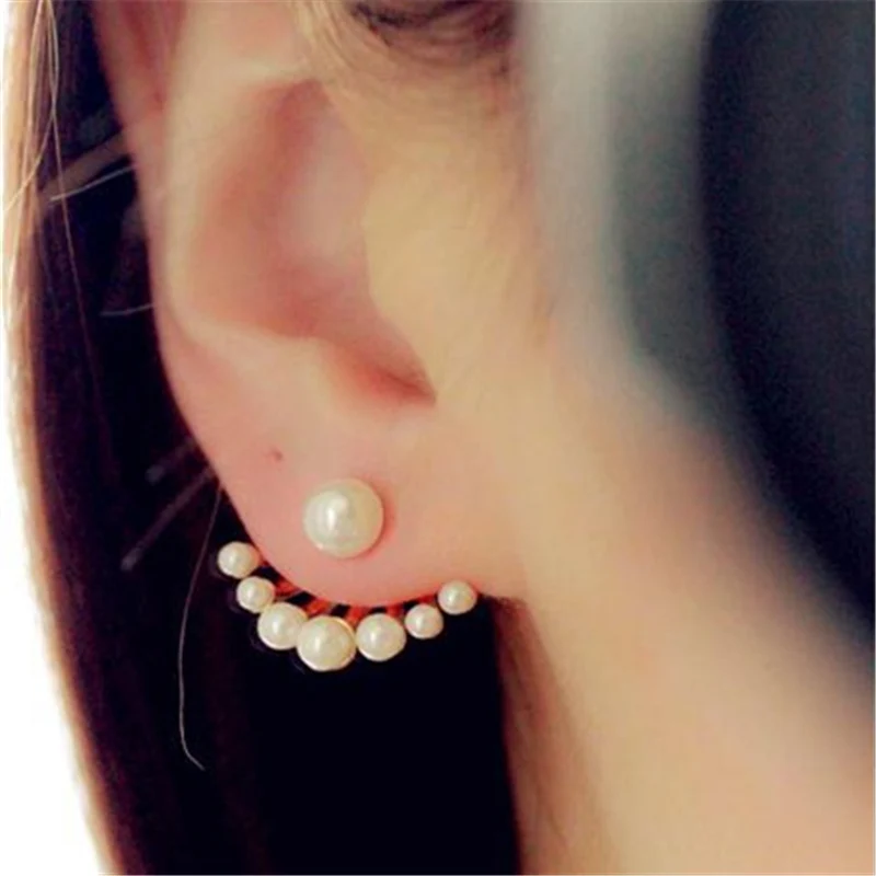 

Hot Sale Fashion Front & Back Post-hanging Simulated Pearl Statement Fan Shaped Gold Stud Earrings for Women Jewelry Oorbellen