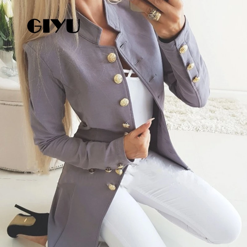 

GIYU Autumn Long Sleeve Vintage Long Jackets with Buttons Women Slim Casual Jacket Single Breasted chaqueta mujer