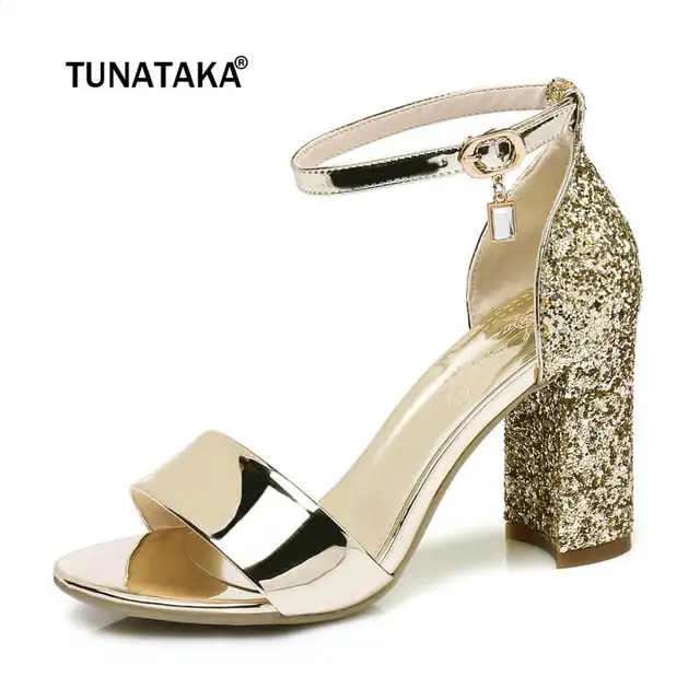 Fashion Gold Silver Sequined Cloth Chunky High Heel Sandals Buckle Crystal Party Dress Summer Shoes