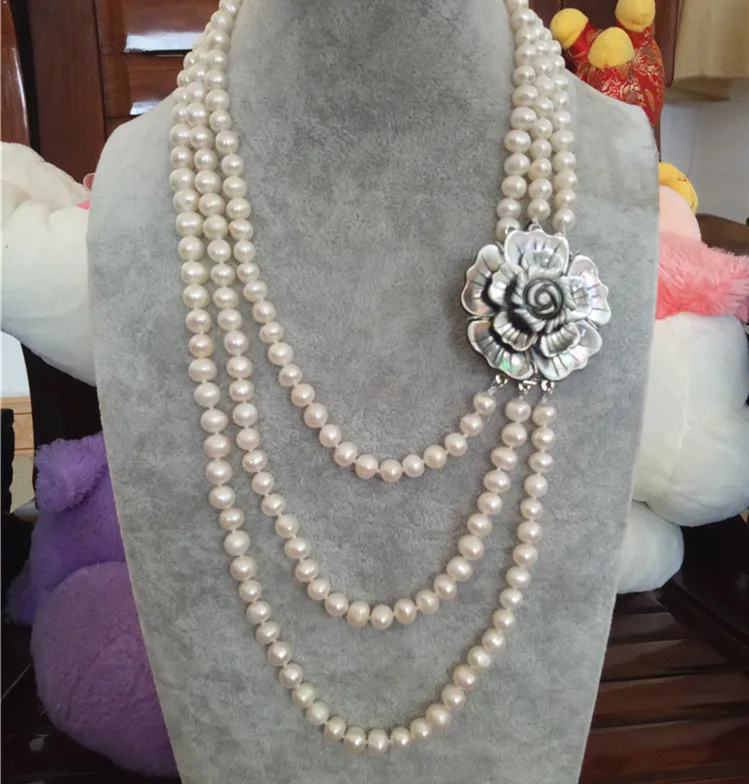 wholesales design 3rows natural white freshwater pearl layers necklace