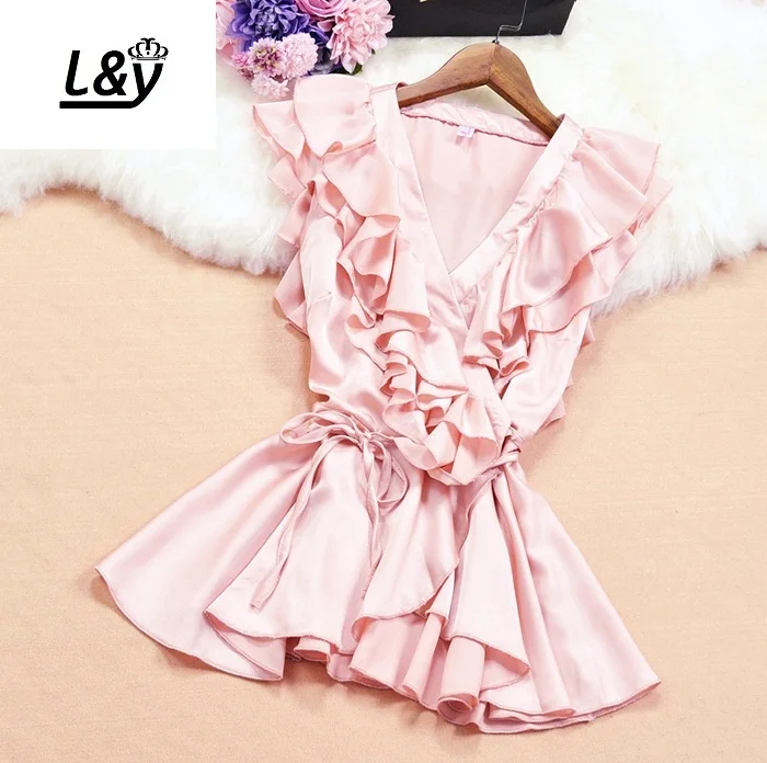 

L&Y Double Ruffled Lace Up One Piece Silky Satin Blouse Shirts Summer Holiday V Neck Slim Shirt Tops Women Vestidos
