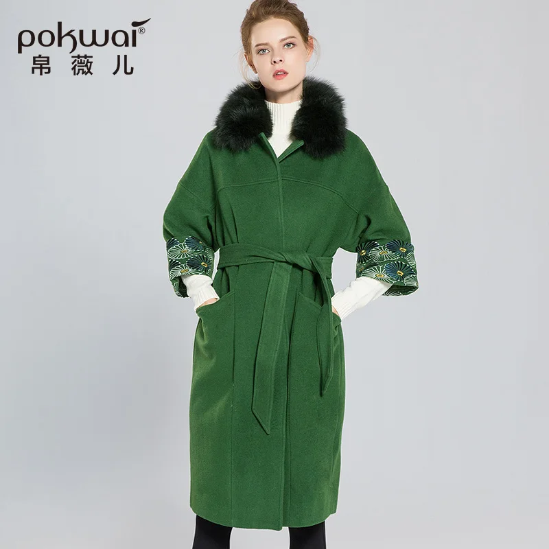 Зимнее зеленое шерстяное пальто с вышивкой POKWAI женское элегантное тонкое