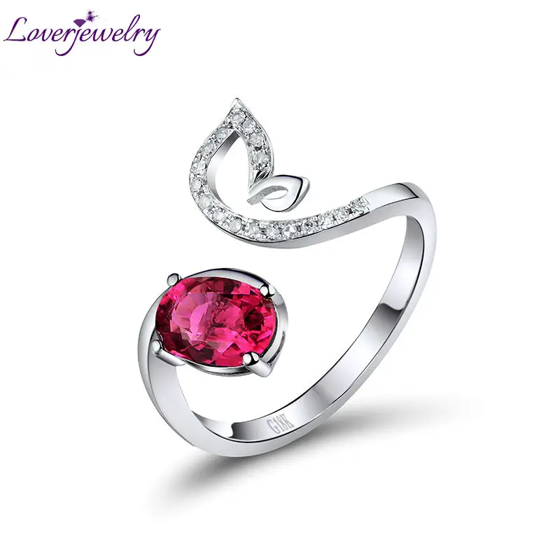 

LOVERJEWELRY Ring Solid 18Kt White Gold Oval Red Tourmaline Wedding Diamond Engagement Ring Genuine Gem Fine Jewelry for Women