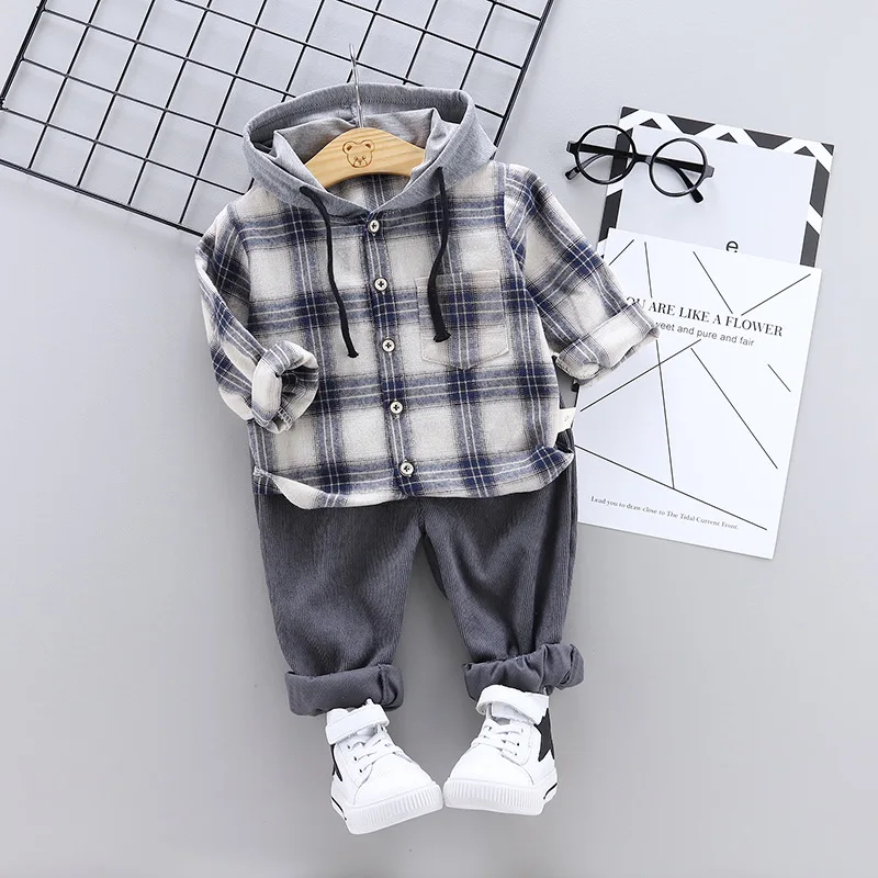 Roupas de Outono Conjunto de Roupas de Algodão Criança Meninos Minúsculo Agasalho Xadrez Hoodies Terno Duas Peças Crianças 1th Aniversário Outfits 2020