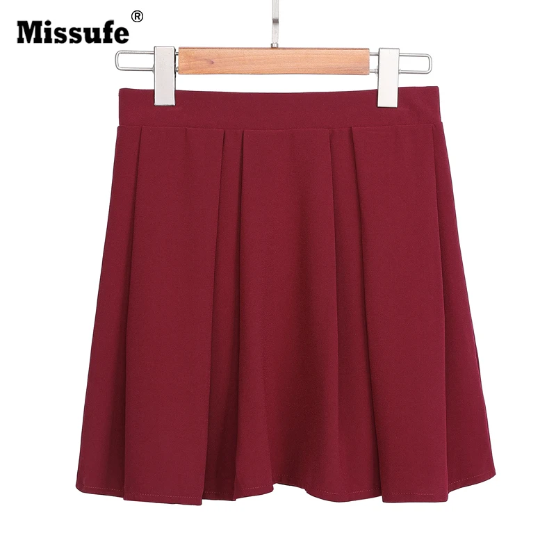 

Missufe Wine Red Female Mini Skirts With Box Pleats Casual Shift High Rise A Line Summer Skater Skirts For Women 2019