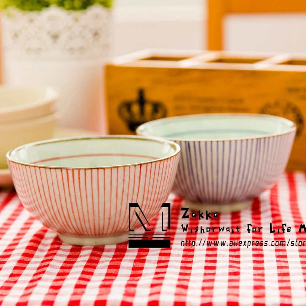 1Pcs New arrival KEYAMA ceramic glaze Red and blue striped lines rice
