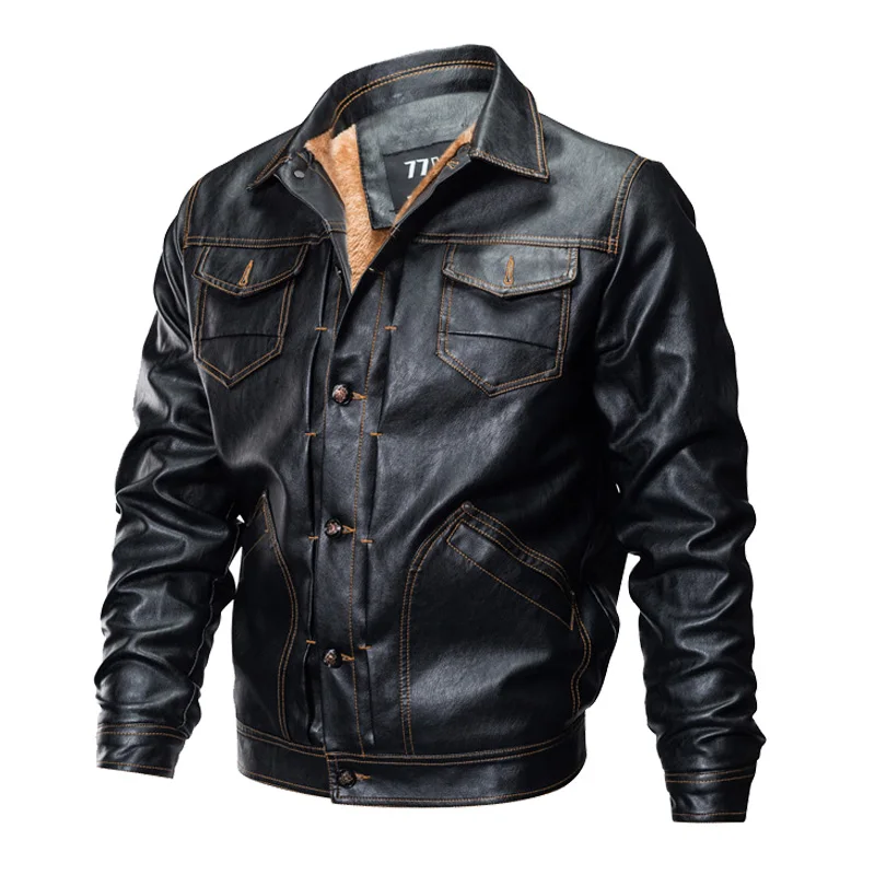 Мужская зимняя тактическая кожаная куртка из плотного флиса, военная куртка-бомбер, тонкая куртка пилота армии США, мотоциклетная куртка размера плюс 3XL - Цвет: Black