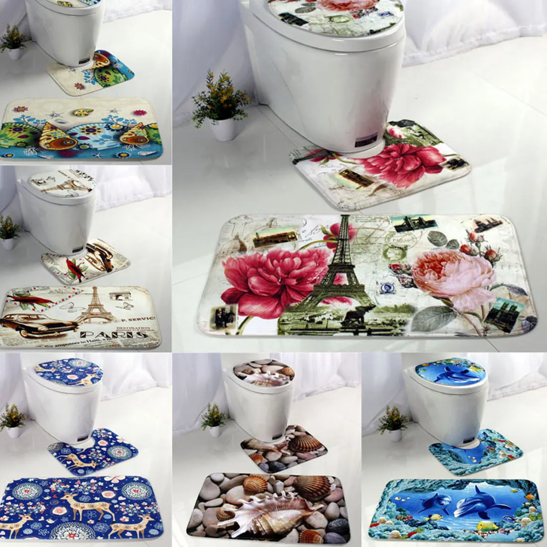 3pcs//set Seascape Bath Mat Bathroom Carpet Set Ocean Underwater World Pattern An