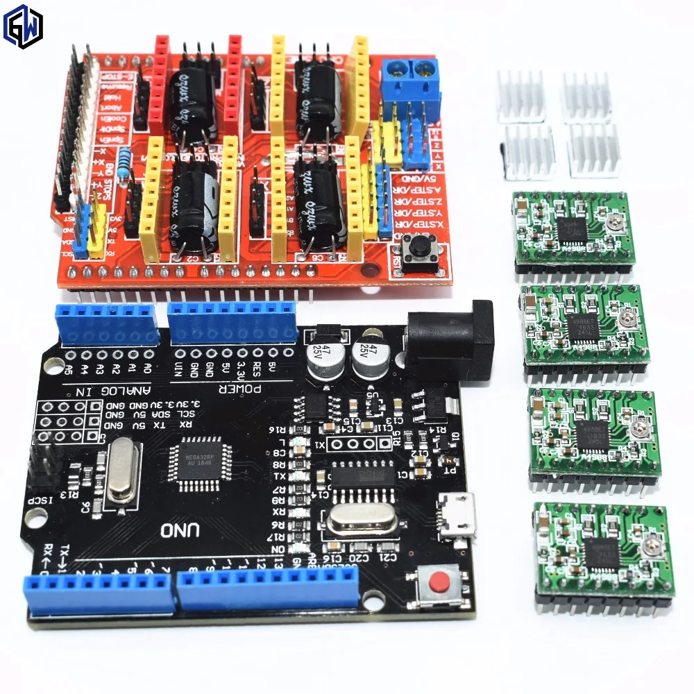 

10 set CNC Shield Expansion Board for 3D Printer + 4 x A4988 Stepper Motor Driver with Heat Sink + micro usb UNO R3