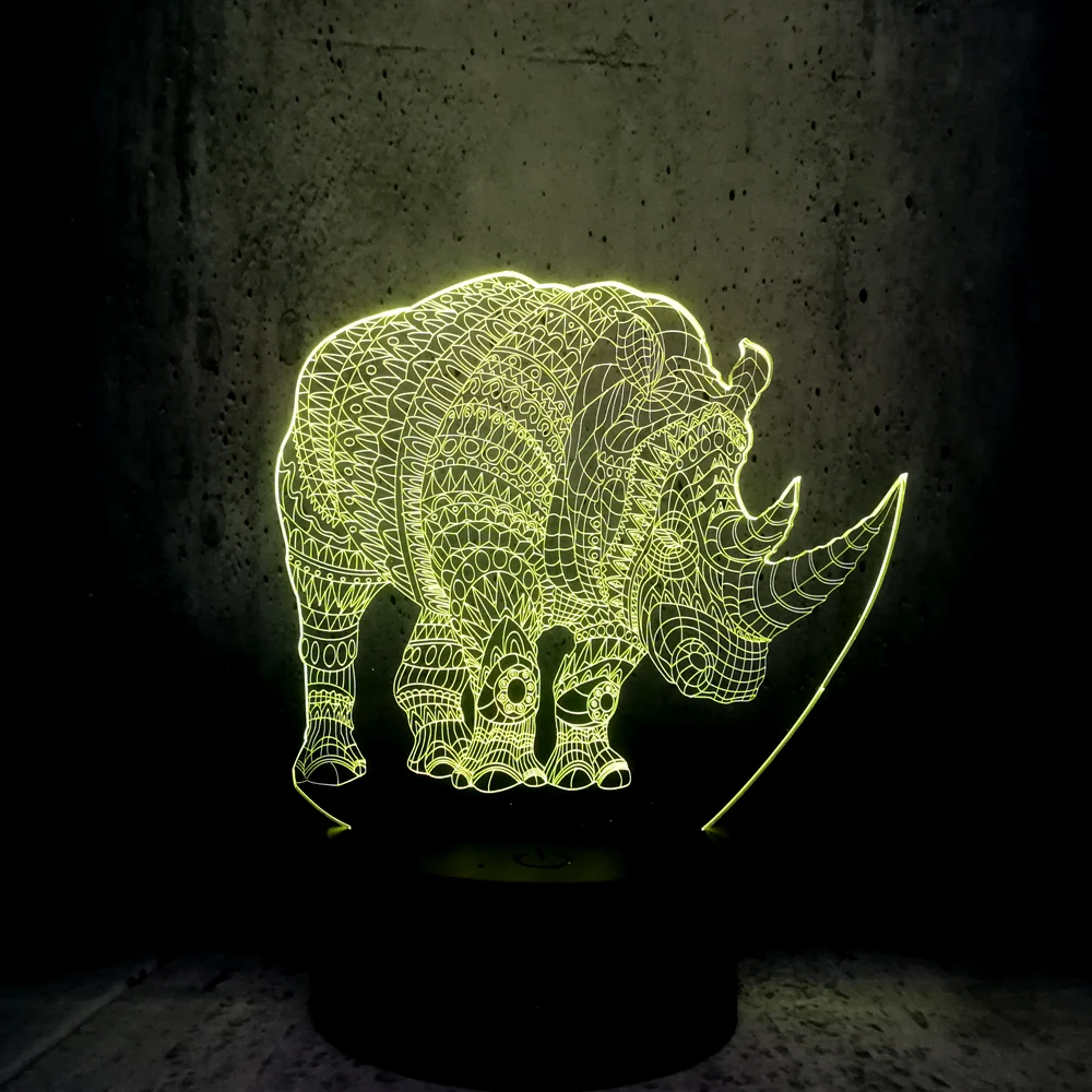 3D Животные носороги Ночник светильник светодиодный иллюзия Лампа USB 7 цветов