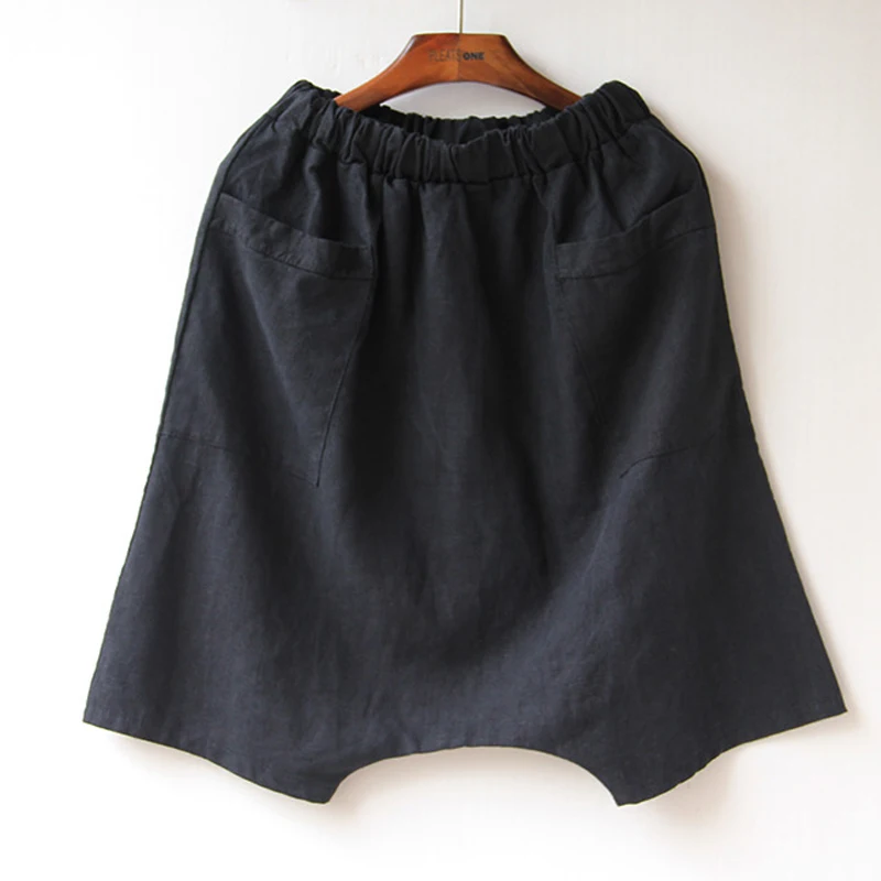 Summer New Fashion Drop Crotch Harem Pants Women Cotton and Linen Loose Five Pants Cross-pants Casual  Knee Length Capri Pants