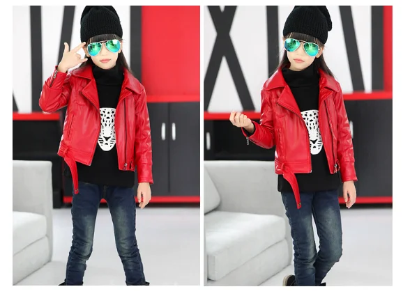 WEONEWORLD/Модная детская кожаная куртка; пальто из искусственной кожи для девочек; детская одежда; Верхняя одежда для маленьких девочек и мальчиков; зимние пальто - Цвет: red plus velvet