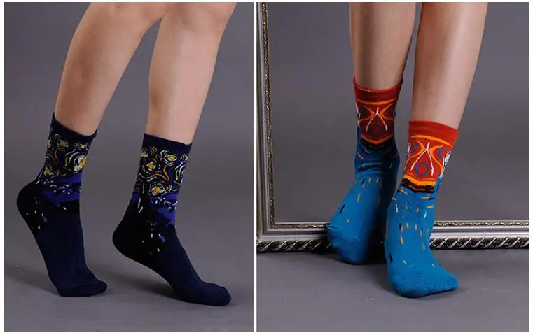 CUHAKCI, хлопковые носки, забавные, масляные, с рисунком, модные, счастливые носки, ночные, зимние, мужские, женские, с красочным принтом, Ван Гог, художественные носки, одна пара